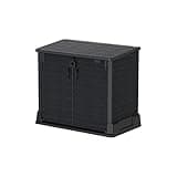 Duramax Cedargrain StoreAway 850L Plastic Garden Storage Shed - Outdoor, Wheelie bin box, Durable Construction, Ideal for Tools, BBQs & 2x 120L Garbage Bins, 130x74x110 cm, Dark Grey